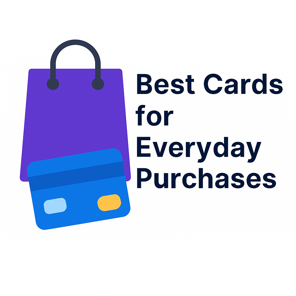 Illustration of shopping bags and credit cards with the text "Best Cards for Everyday Purchases" โ promotional image for a blog post comparing top daily-use credit cards in the U.S.