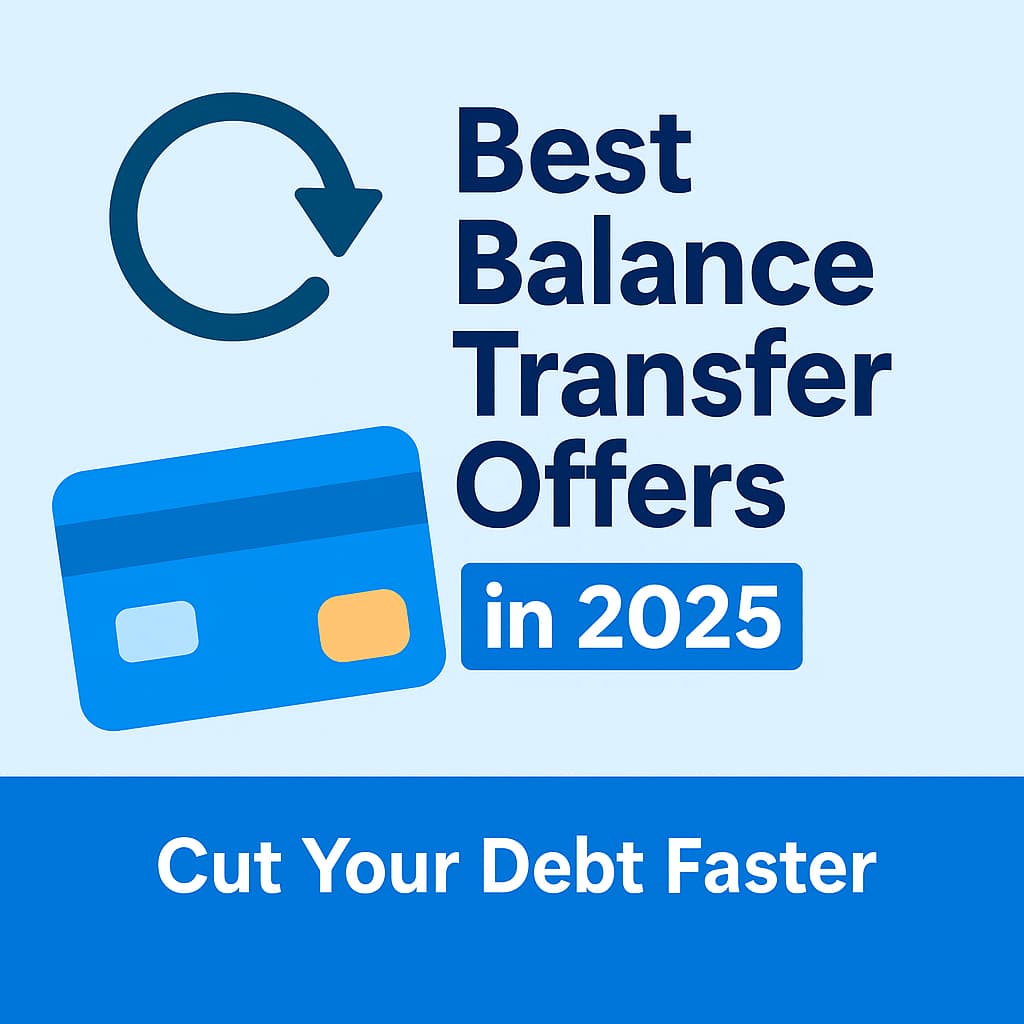 A promotional digital illustration titled “🔄 Best Balance Transfer Offers” showing credit cards, savings icons, and a balance transfer concept in a clean flat design style.