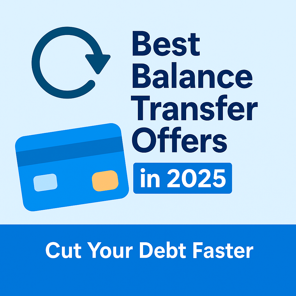 A promotional digital illustration titled โ๐ Best Balance Transfer Offersโ showing credit cards, savings icons, and a balance transfer concept in a clean flat design style.