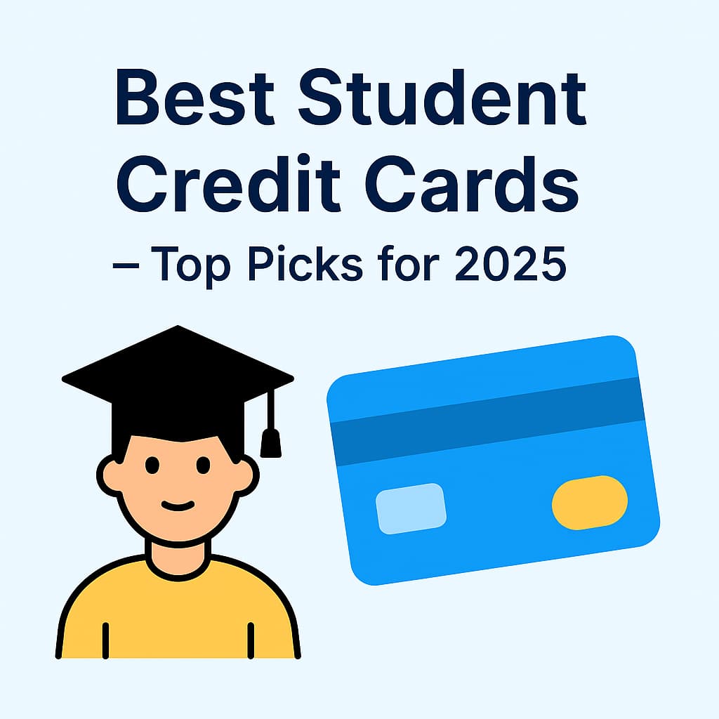 2D digital graphic showing happy college students using credit cards with a backdrop of a university campus, promoting top student credit cards for 2025.