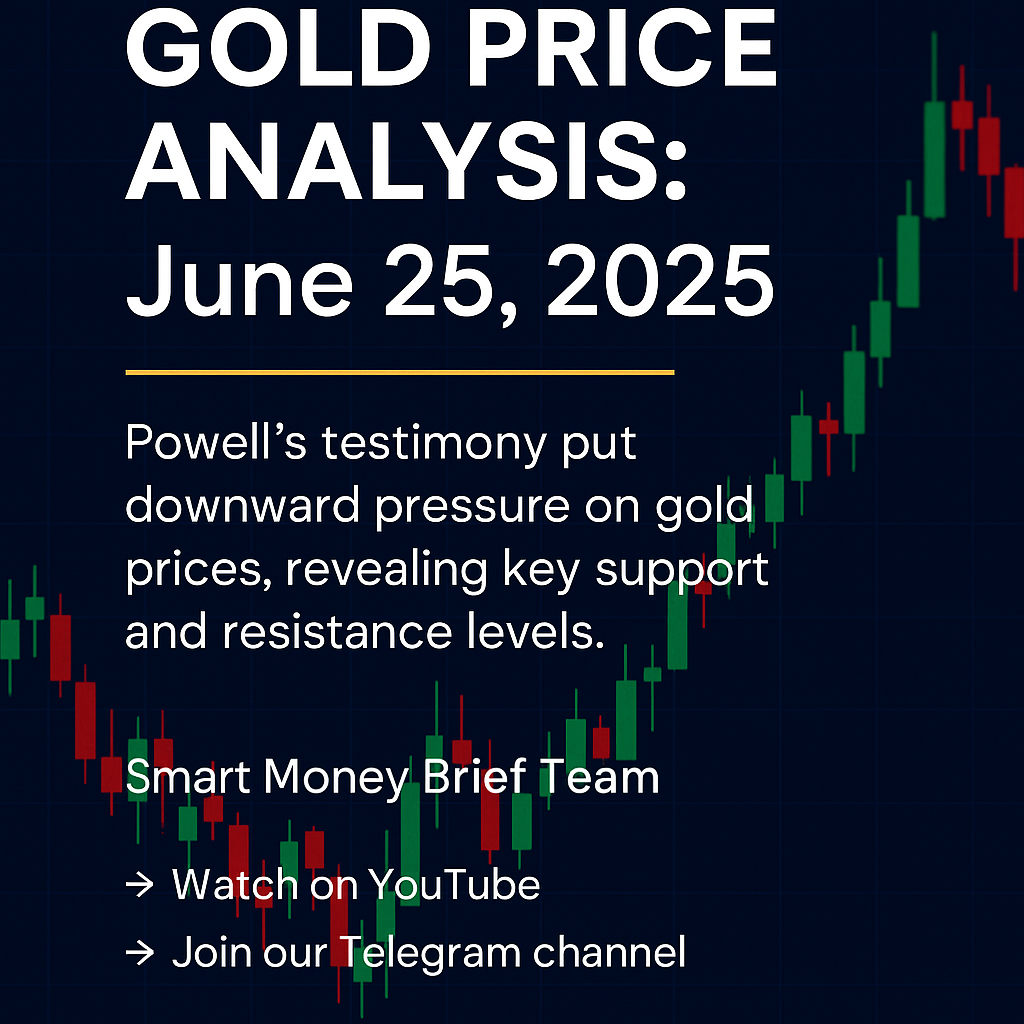 Gold price analysis chart showing bearish trend and key support/resistance levels on June 24, 2025, with market commentary by Smart Money Brief Team.