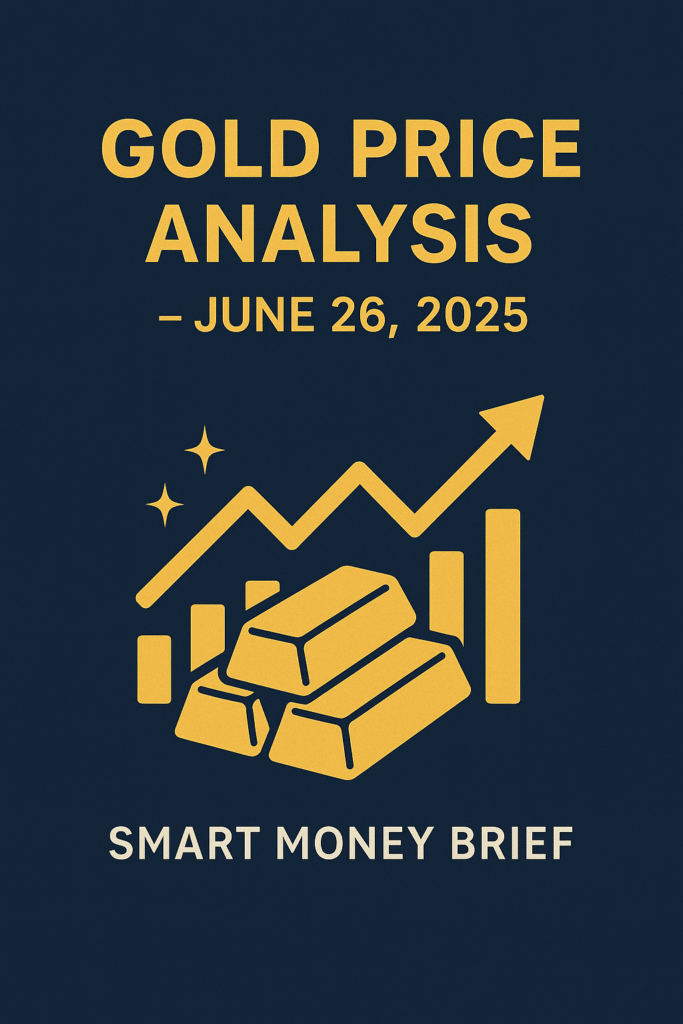 Gold Price Analysis – June 26, 2025 | Smart Money Brief: A dark blue background featuring bold yellow text, three gold bars, and an upward-trending graph with stars and chart bars, representing gold market trends.