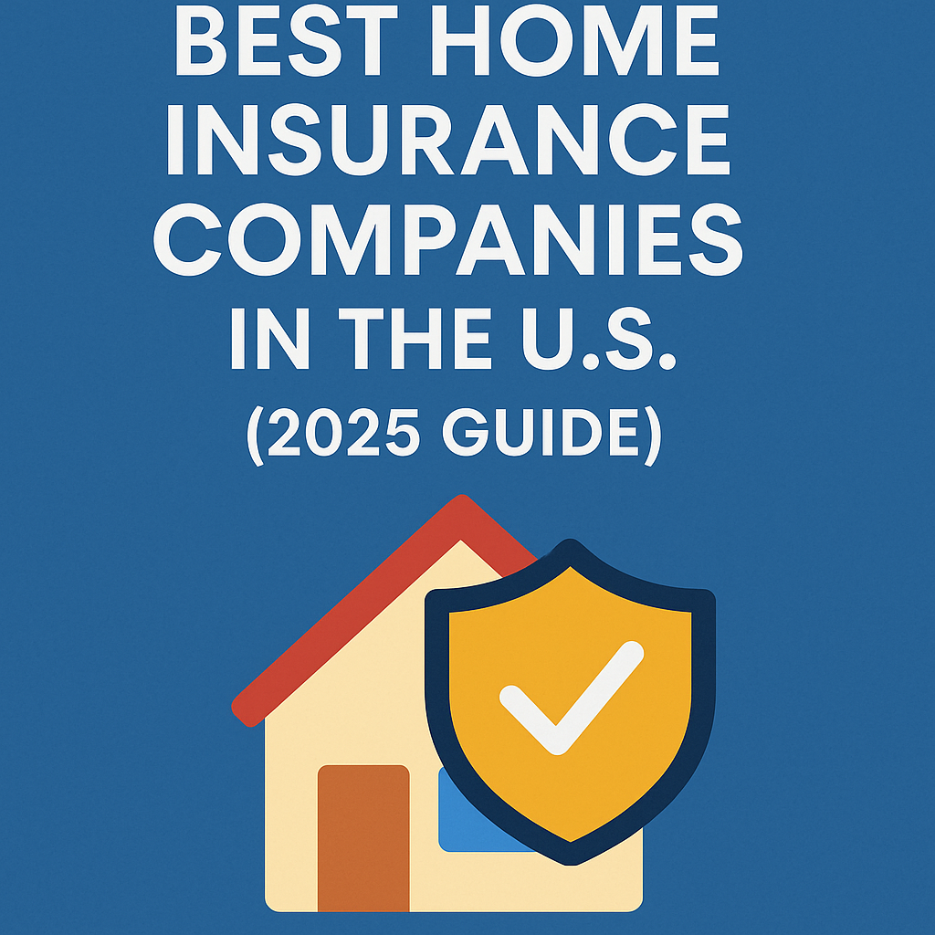 Illustration of a house with a red roof and a golden shield featuring a white checkmark in front of it, set against a blue background with the text βBest Home Insurance Companies in the U.S. (2025 Guide)β above.