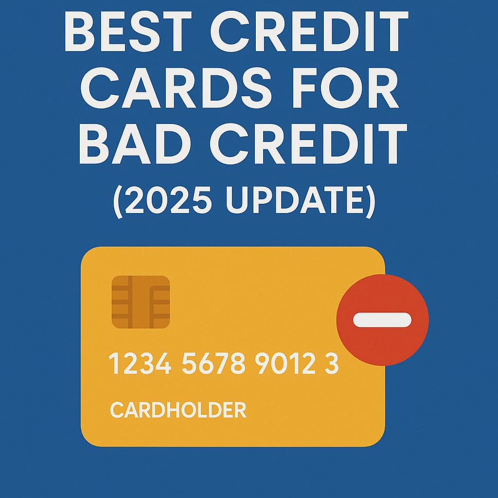 Illustration of a yellow credit card with a red minus symbol on a blue background, featuring the title “Best Credit Cards for Bad Credit (2025 Update)” in bold white text.