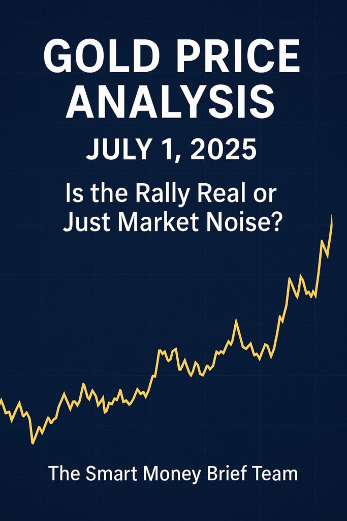 Gold price analysis chart showing a sharp upward trend with the headline 'Gold Price Analysis – July 1, 2025: Is the Rally Real or Just Market Noise?' by Smart Money Brief Team on a dark blue background.