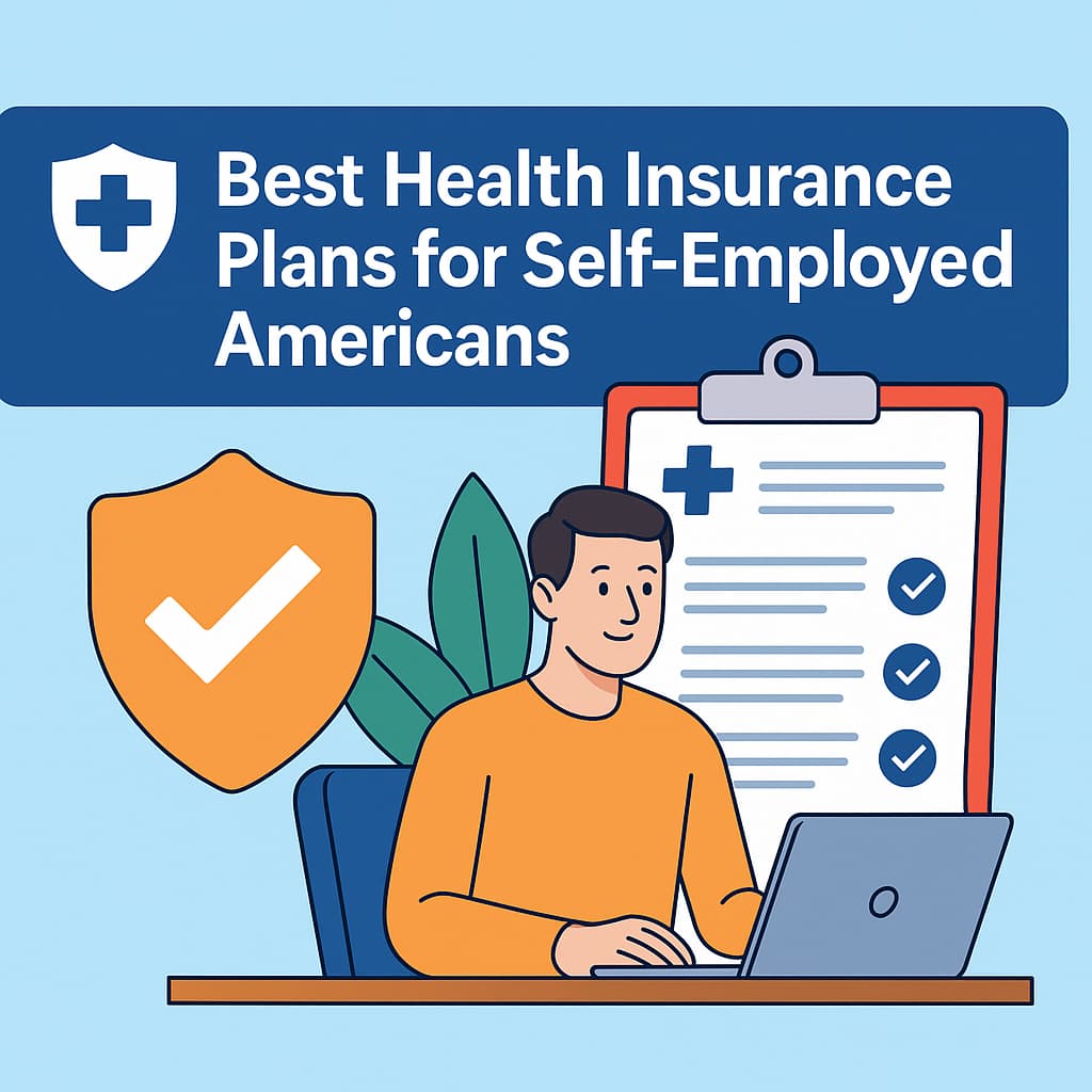 Infographic showing a self-employed American working at a desk with health insurance documents, next to a bold title that reads 'Best Health Insurance Plans for Self-Employed Americans' on a blue background with a shield icon.