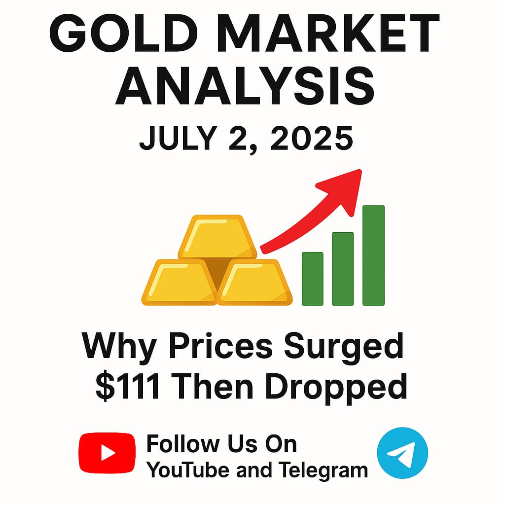 Gold Market Analysis July 2, 2025 graphic showing gold bars, an upward arrow, and bar chart with text highlighting a $111 price surge and YouTube/Telegram follow buttons.