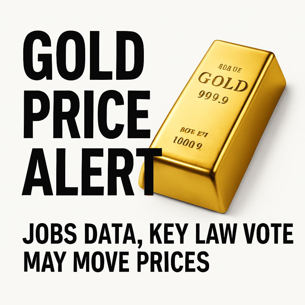 Gold Price Alert headline with a gold bar on white background, highlighting U.S. jobs data and key law vote as potential market movers.