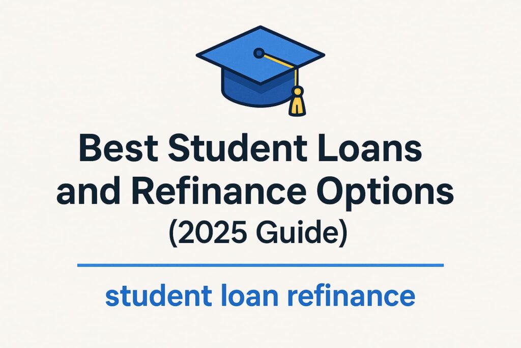 Banner with graduation cap icon and text 'Best Student Loans and Refinance Options (2025 Guide)' highlighting student loan refinance tips.