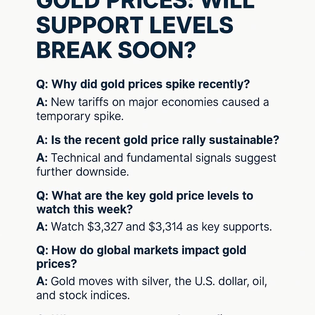 FAQ-style graphic answering common questions about gold prices, including reasons for recent spikes, sustainability of the rally, key price levels to watch, global market influences, and trading strategies.